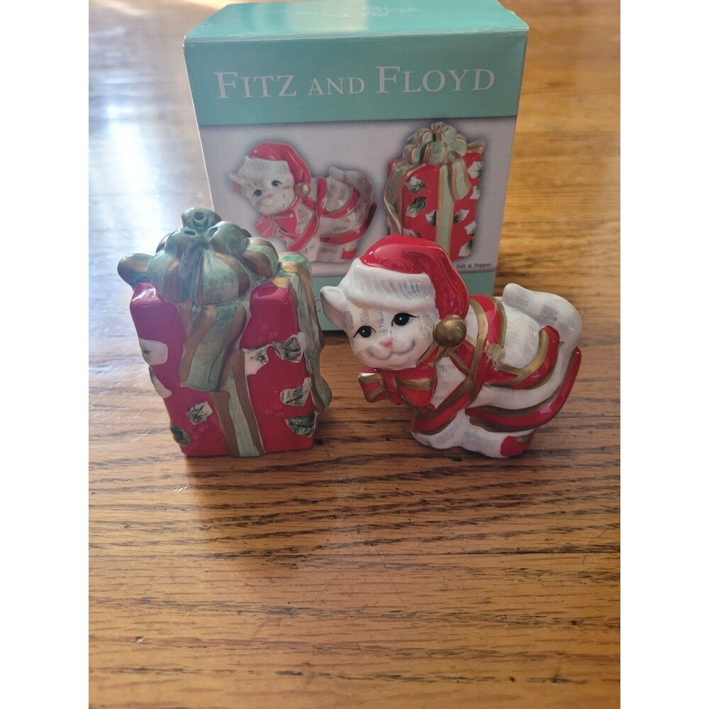 Vintage Fitz & Floyd Kitty Kringle Christmas Cat Salt Pepper Shaker Set